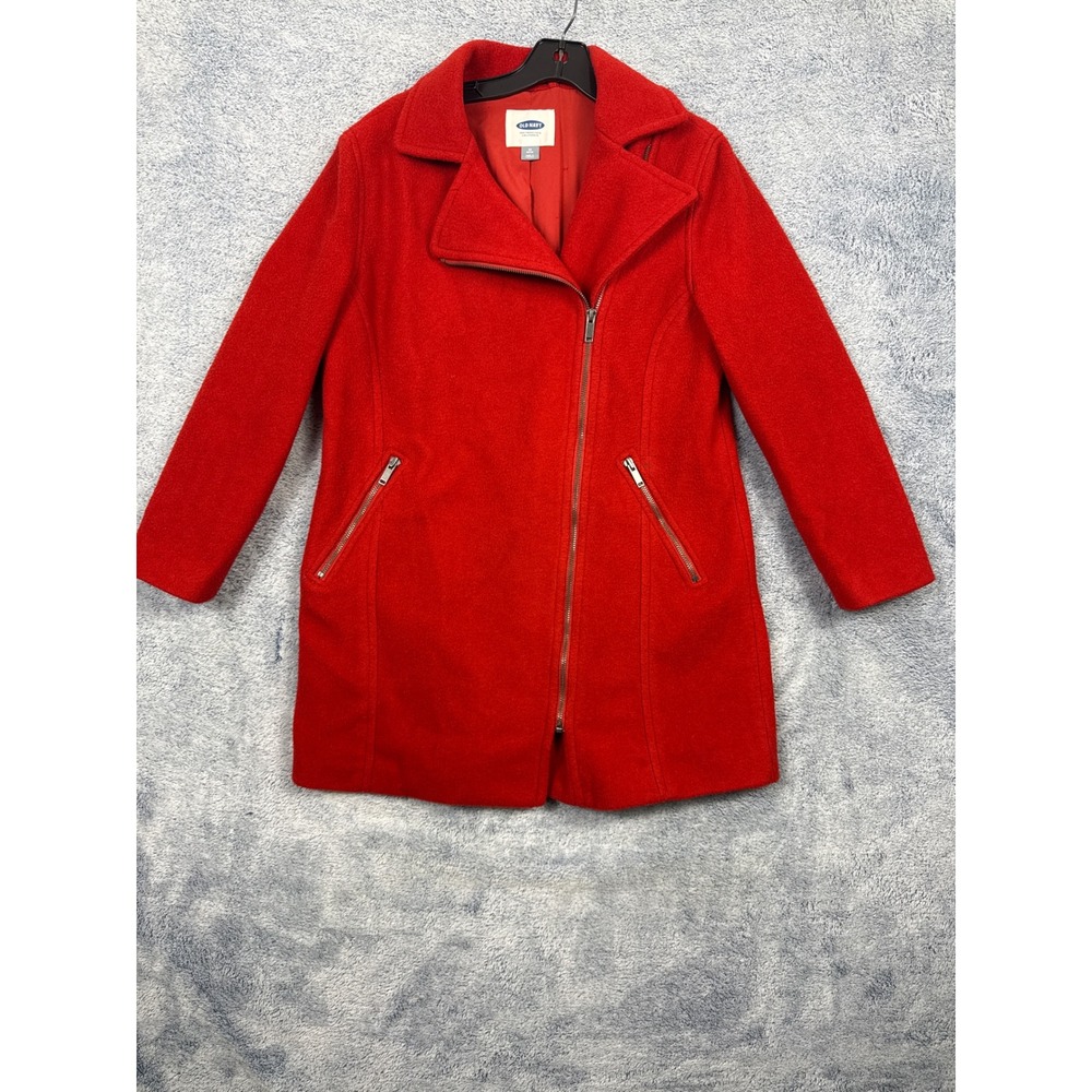 Old Navy Womens M Petite Red Moto Coat Asymmetrical Zip Wool Blend Jacket